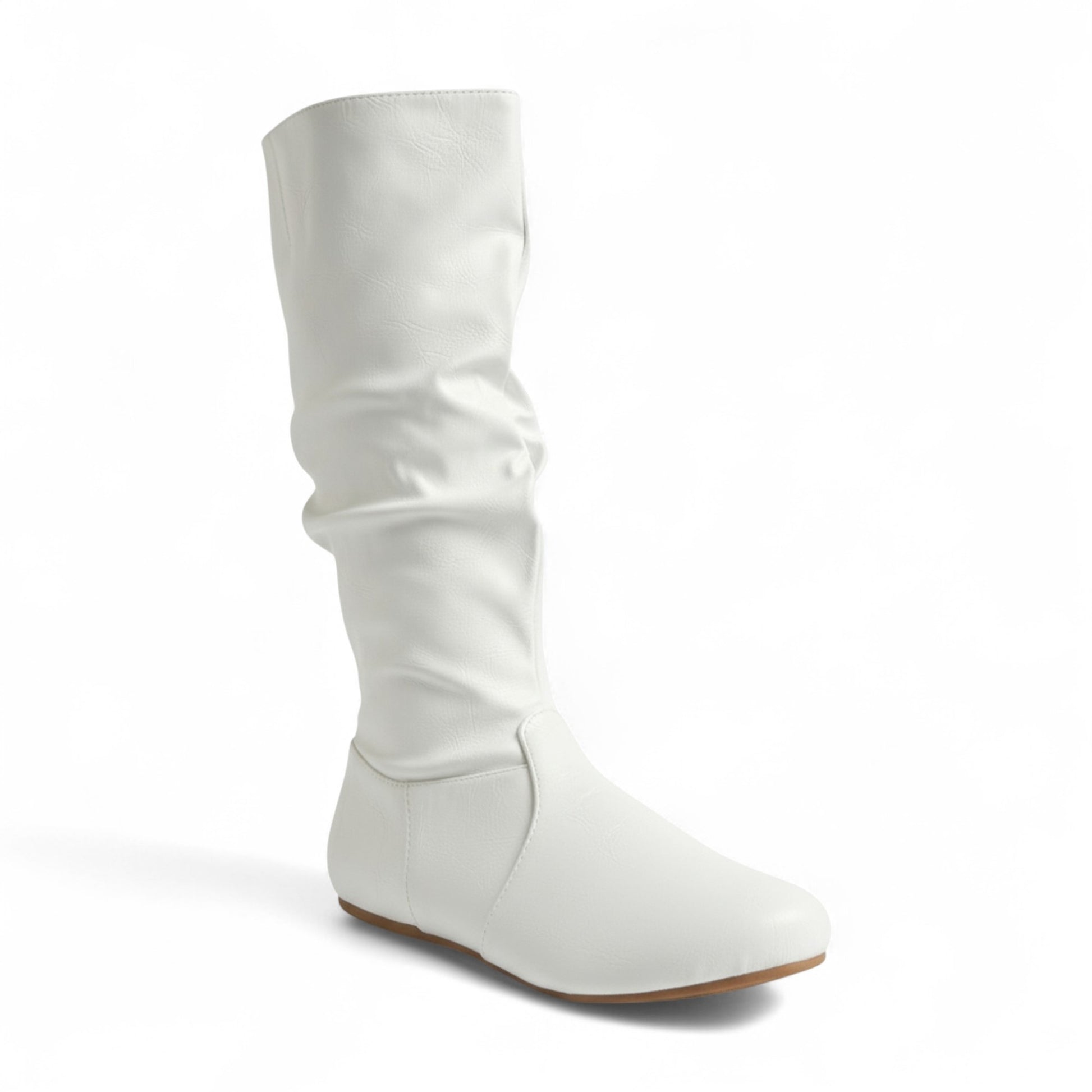 Womens Soft Slouchy Mid-Calf Flat to Low Heel Pull On Fall Weather Winter Boots, White Pu