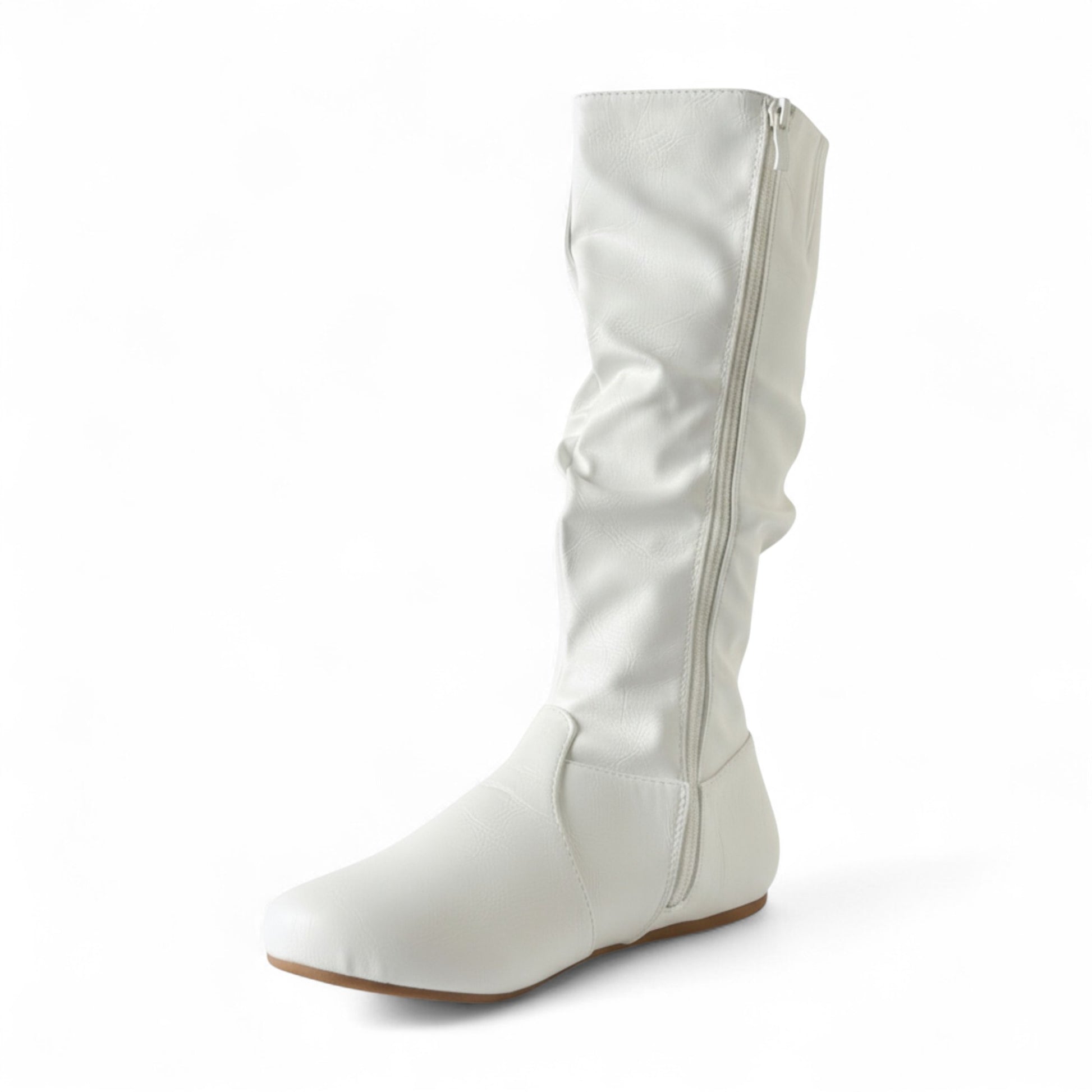 Womens Soft Slouchy Mid-Calf Flat to Low Heel Pull On Fall Weather Winter Boots, White Pu