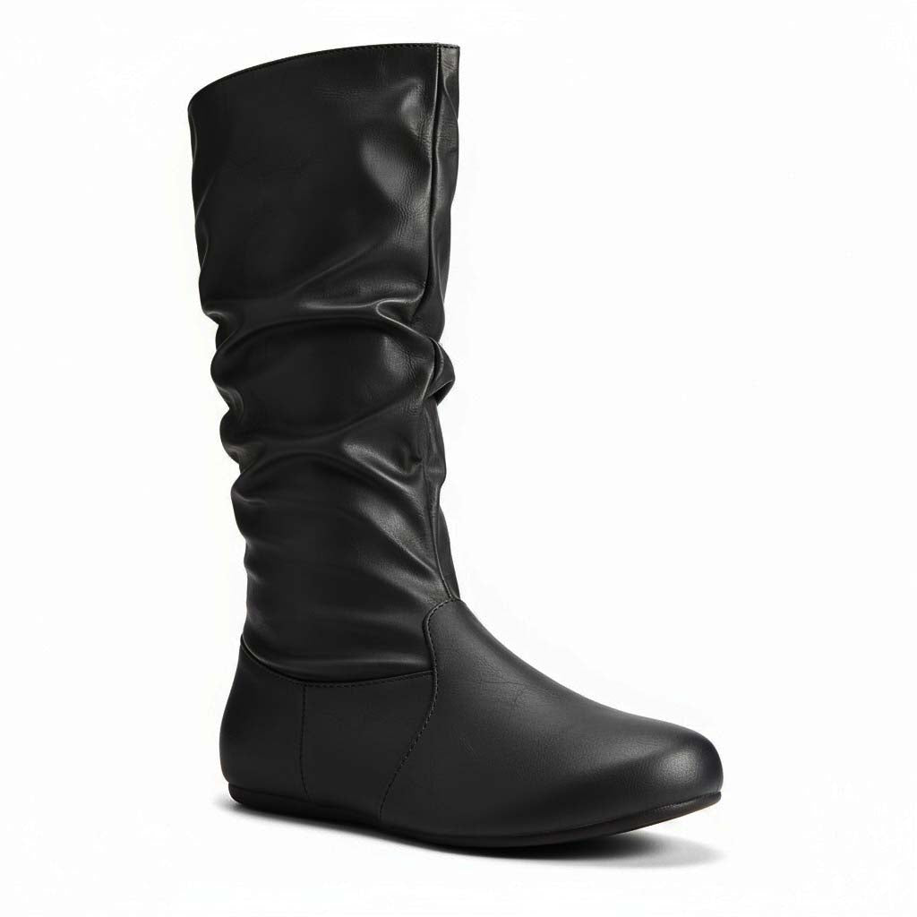 Womens Soft Slouchy Mid-Calf Flat to Low Heel Pull On Fall Weather Winter Boots, Black Pu