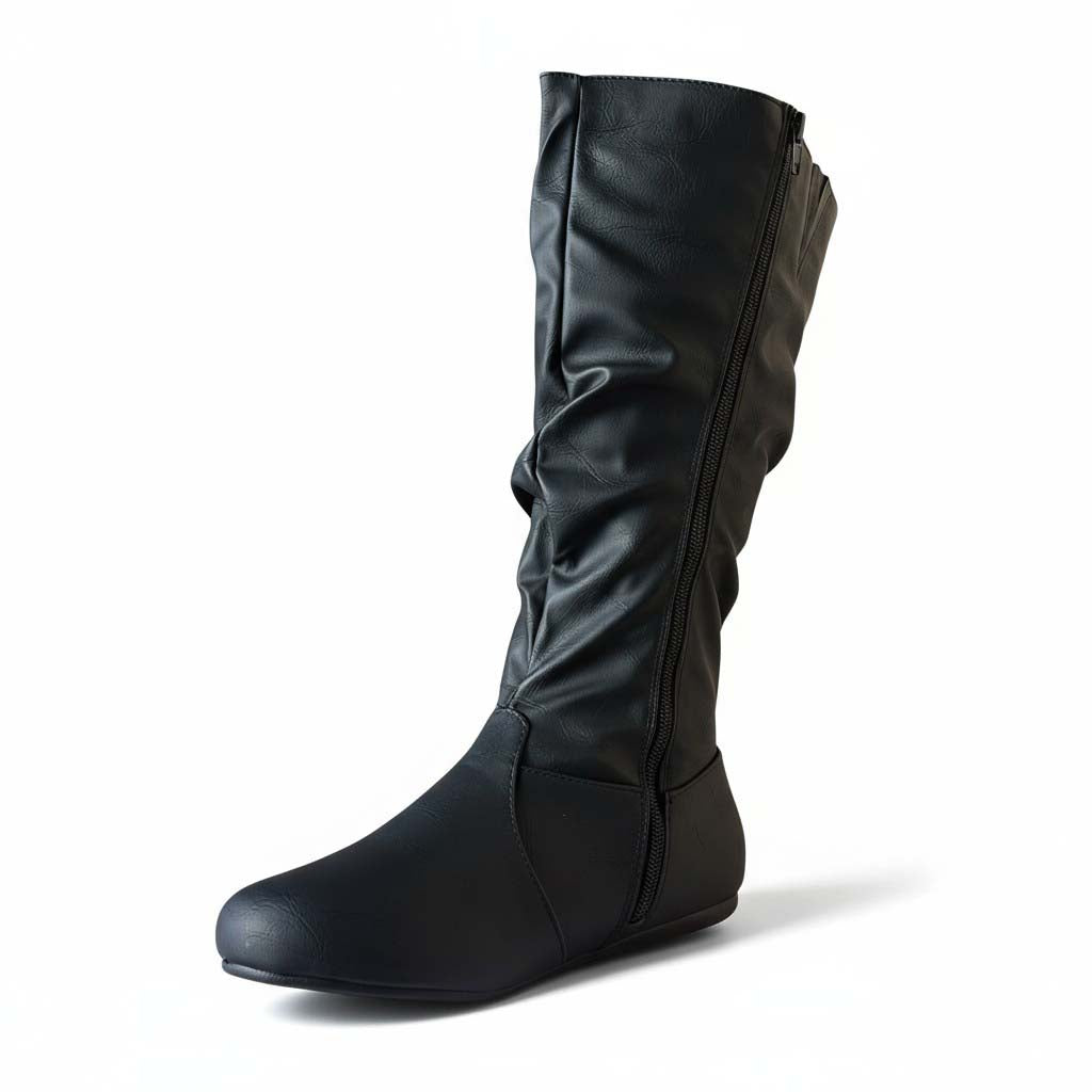 Womens Soft Slouchy Mid-Calf Flat to Low Heel Pull On Fall Weather Winter Boots, Black Pu