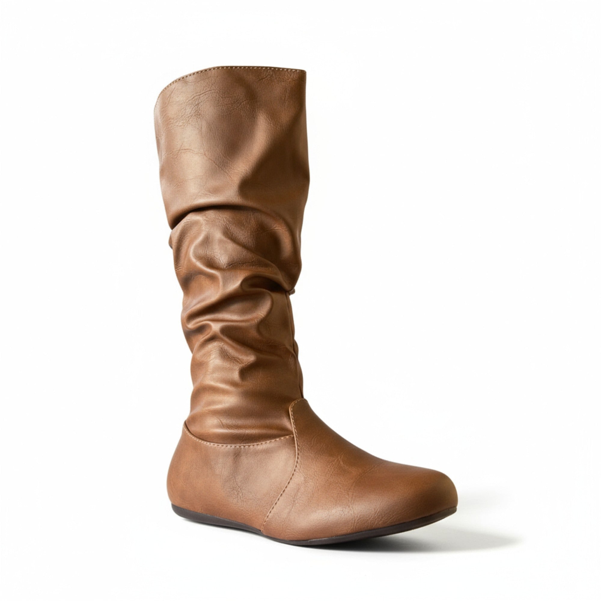 Womens Soft Slouchy Mid-Calf Flat to Low Heel Pull On Fall Weather Winter Boots, Brown Pu