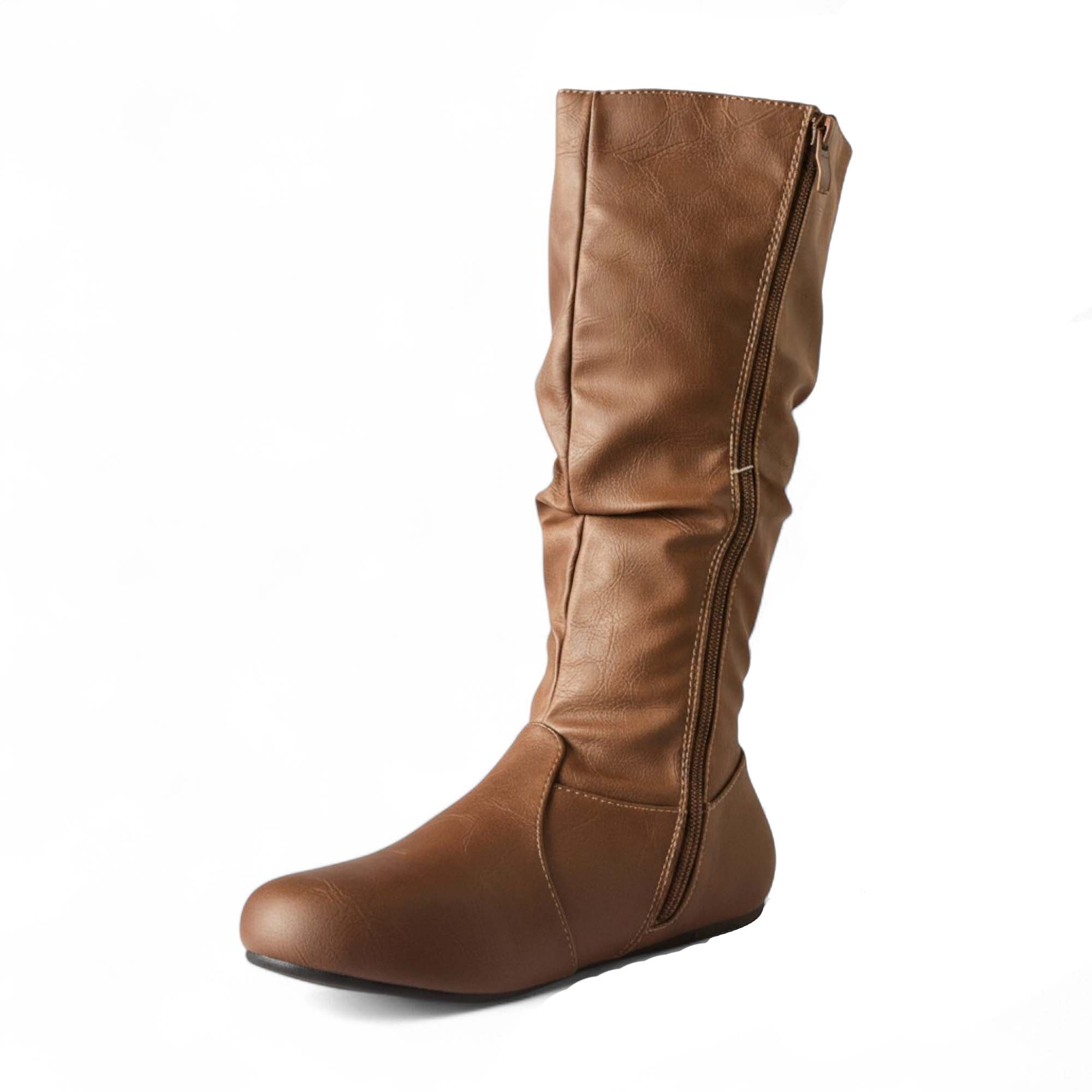 Womens Soft Slouchy Mid-Calf Flat to Low Heel Pull On Fall Weather Winter Boots, Brown Pu