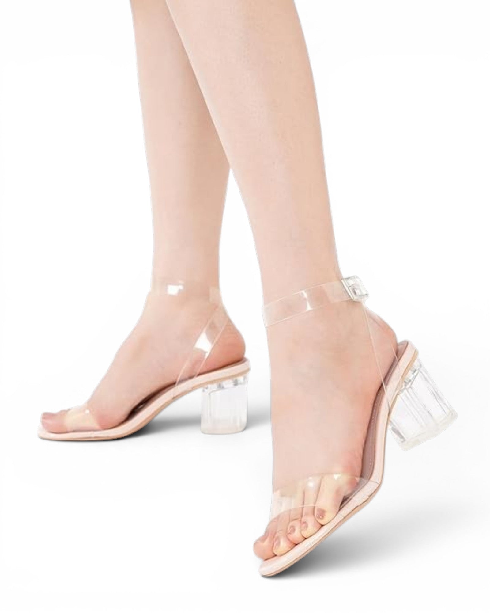 Fashion Mes Women's Clear Chunky Heel Sandal — Open Toe Transparent Ankle Strap