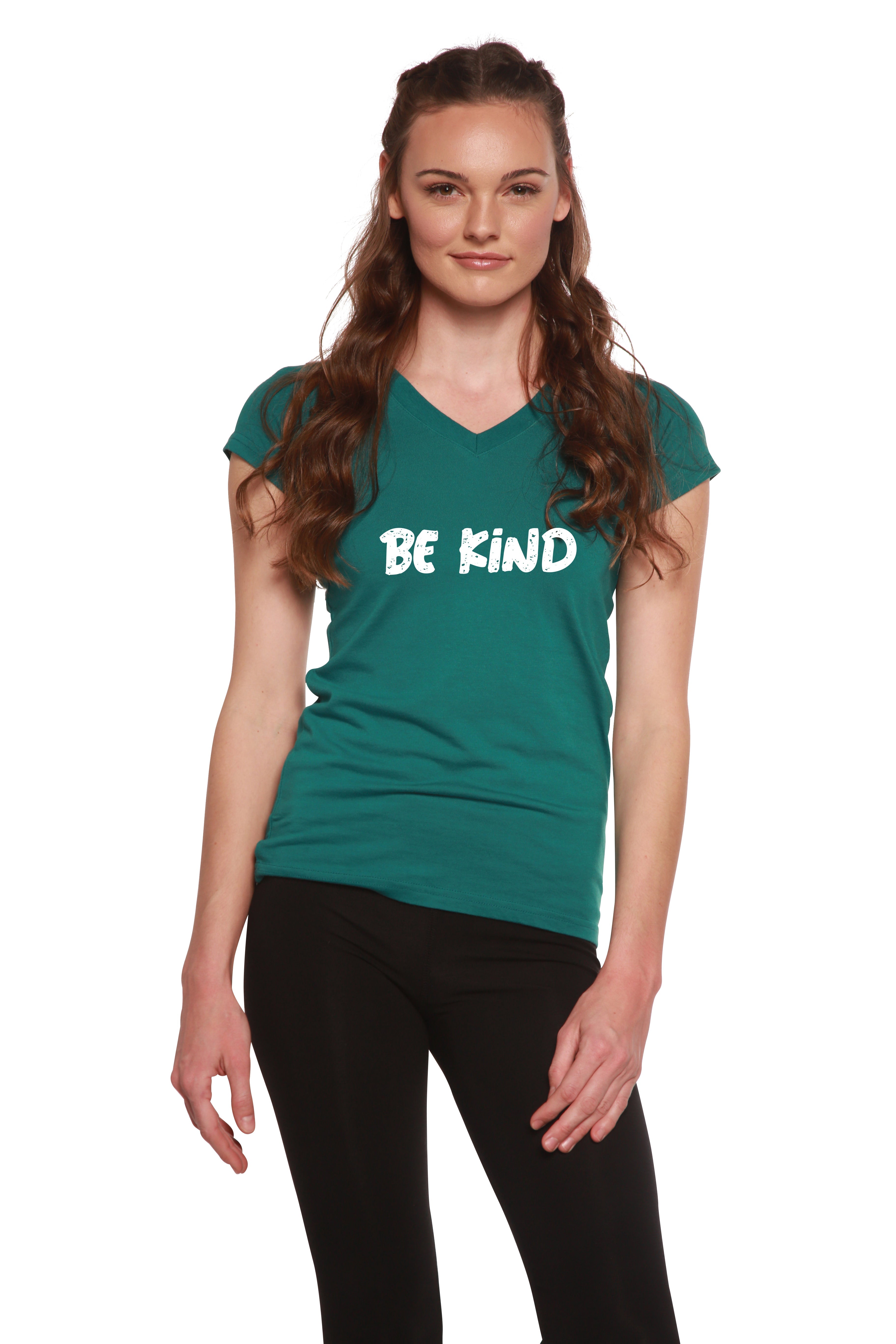 Women's Bamboo Viscose/Cotton V-Neck Cap Sleeve T-Shirt with Be Kind Printed