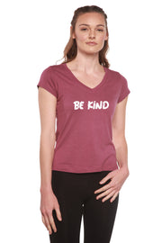 Women's Bamboo Viscose/Cotton V-Neck Cap Sleeve T-Shirt with Be Kind Printed