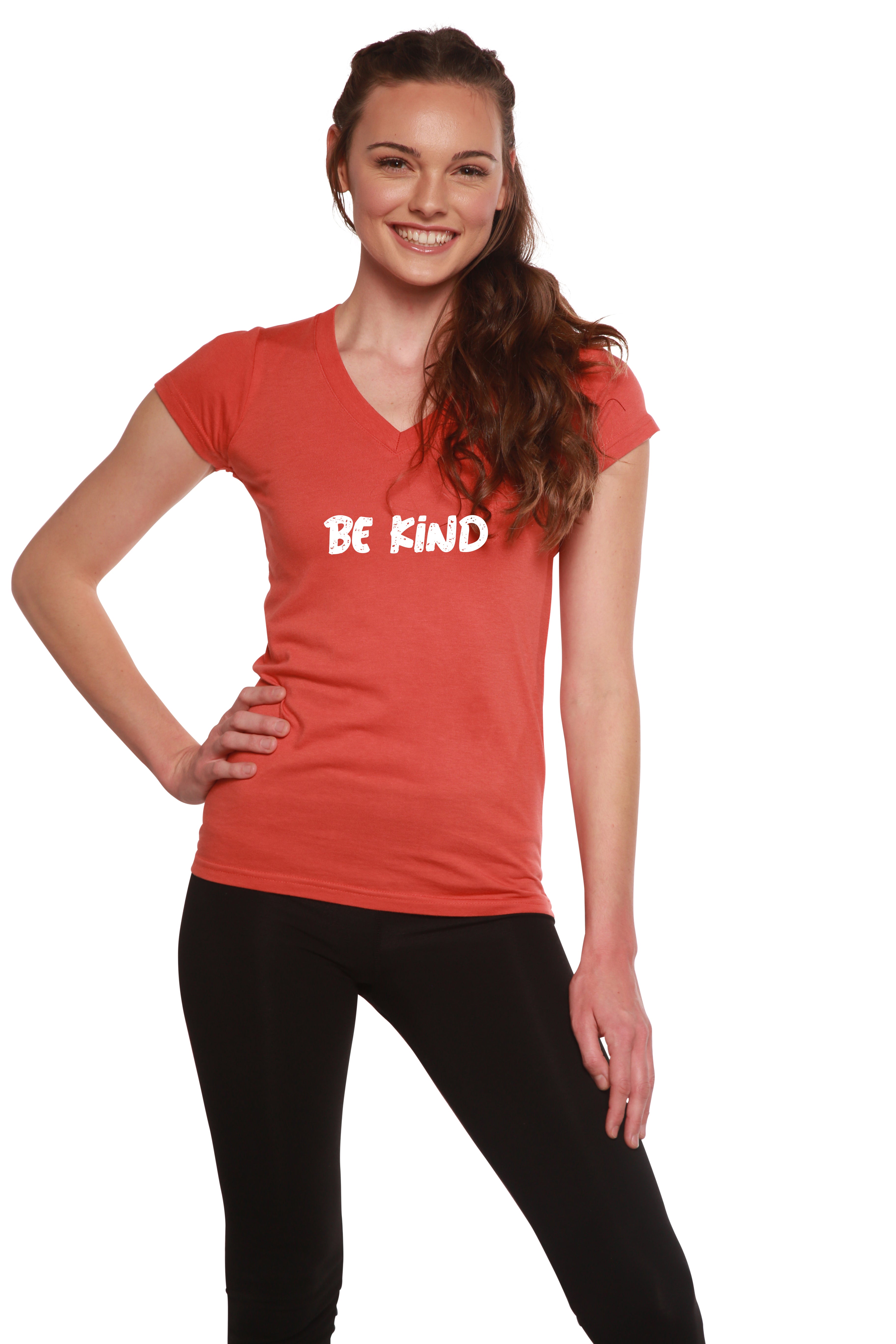 Women's Bamboo Viscose/Cotton V-Neck Cap Sleeve T-Shirt with Be Kind Printed