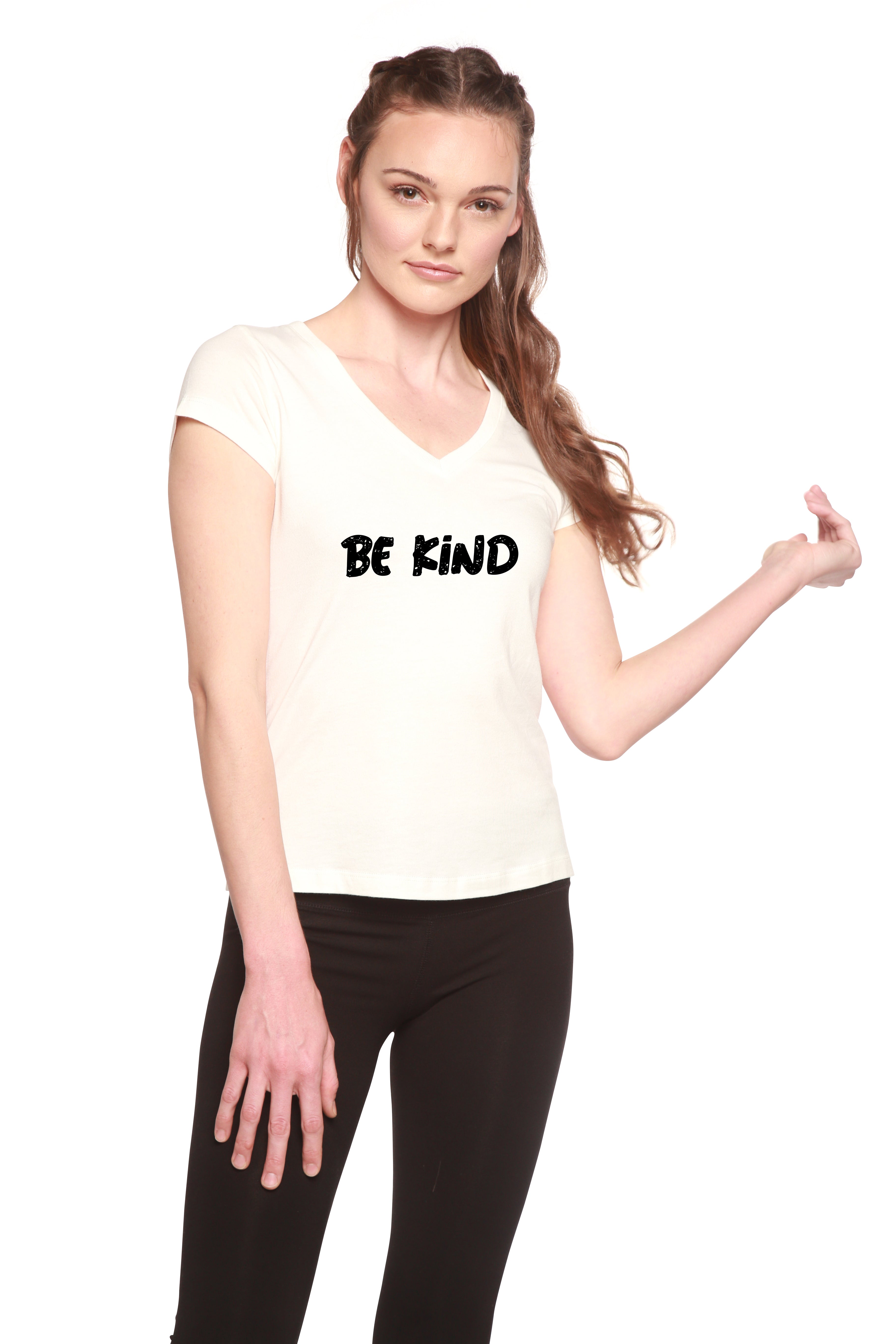 Women's Bamboo Viscose/Cotton V-Neck Cap Sleeve T-Shirt with Be Kind Printed